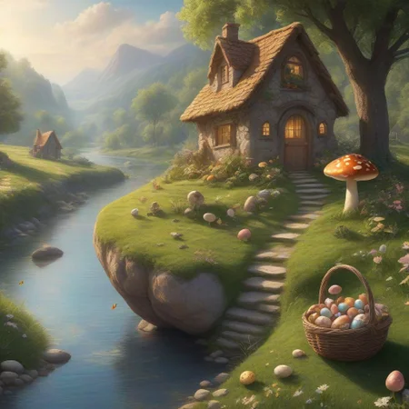 Distant-View of Easter Egg Home, Fairies Family collecting eggs in the egg basket, butterflies, nature, mushrooms, birds flying around, morning light, outdoors, stones, flower, tiny river, window, grass, door, beautiful arts, ((masterpiece, best quality)), high resolution, 32k picture, professional render, trending on artstation,