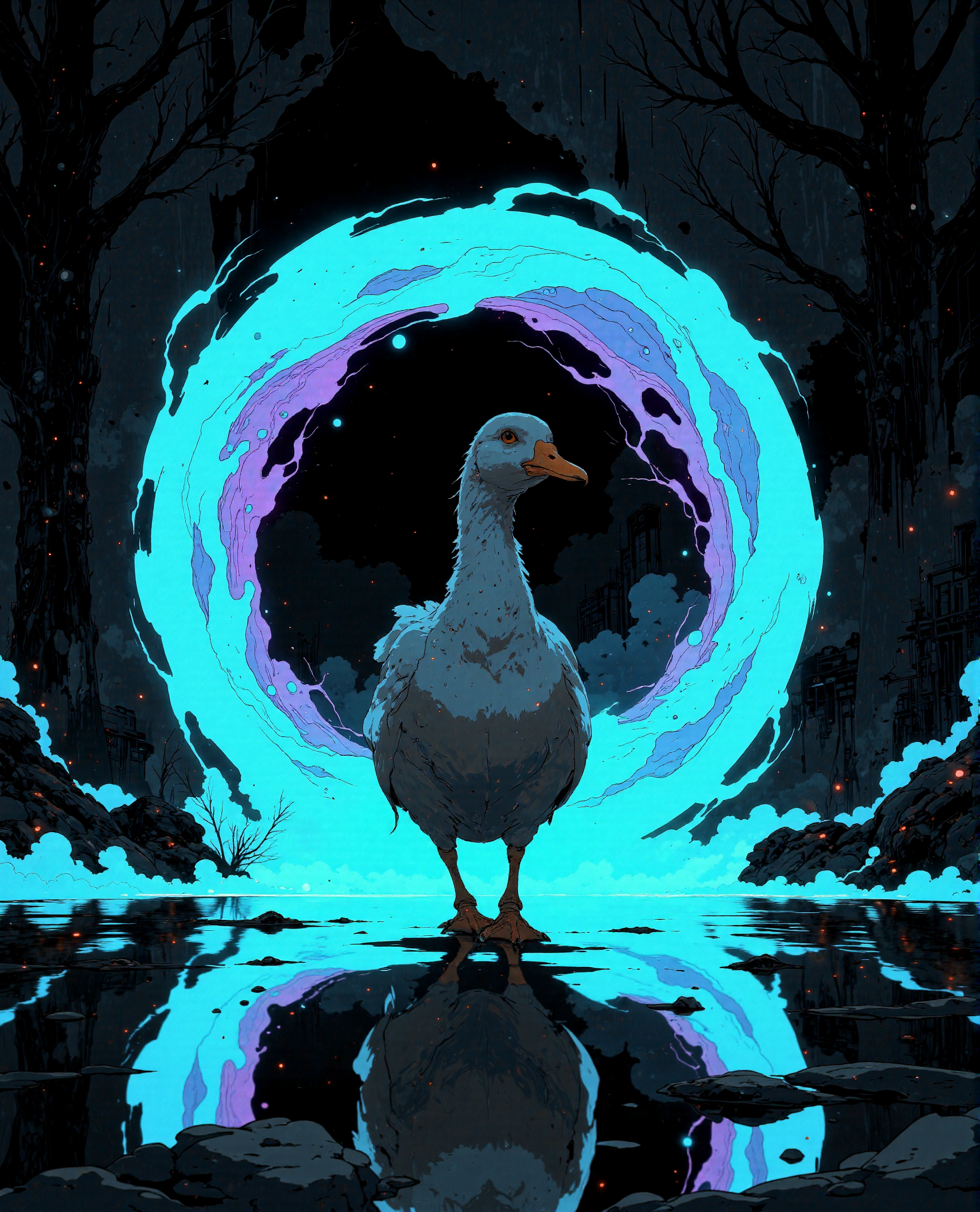 a surreal and atmospheric digital artwork featuring a white duck walking forward with confidence, illuminated by the glow of a swirling, vibrant portal behind it. The portal is an ethereal vortex with waves of electric blue, turquoise, and hints of purple, resembling flowing liquid energy and radiating soft neon light. 
The duck's feathers are gently illuminated by the portalâs glow, with soft cyan highlights adding depth and a magical touch. Its posture is natural and dynamic, with one webbed foot raised mid-step, as though walking towards the viewer. The reflective floor beneath mirrors the duck and the glowing portal, creating symmetry and depth. Small debris scattered on the ground adds texture and contrast to the otherwise otherworldly, dreamlike atmosphere. The scene conveys a perfect blend of mystery, serenity, and wonder, with no other elements disrupting the composition.
<lora:Anime v1.3:1.2> <lora:Blue_Future:0.9> <lora:Ethereal_Brush_Anime_v1.0:0.6> <lora:It's a LoRA for portraits, BUT! actually specialized in backgrounds. v1.0:0.2>
