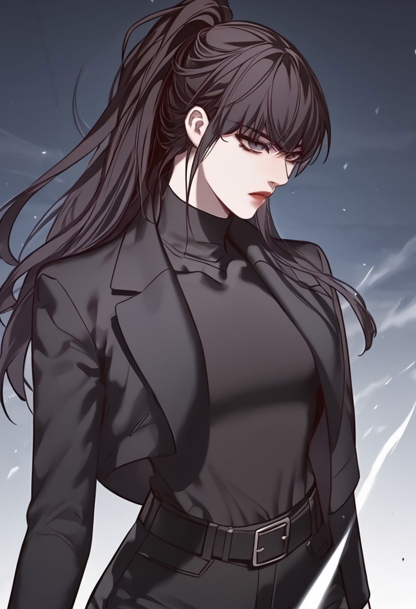 score_9, score_8_up, score_7_up, score_6_up,
jiyoungyoo,1girl, ((solo)), long hair, black hair, bangs, black eyes,dynamic pose,
outfit1, ponytail, long sleeves, pantyhose, black sweater, turtleneck, black pants, belt, black jacket, facing viewer, Expressiveh