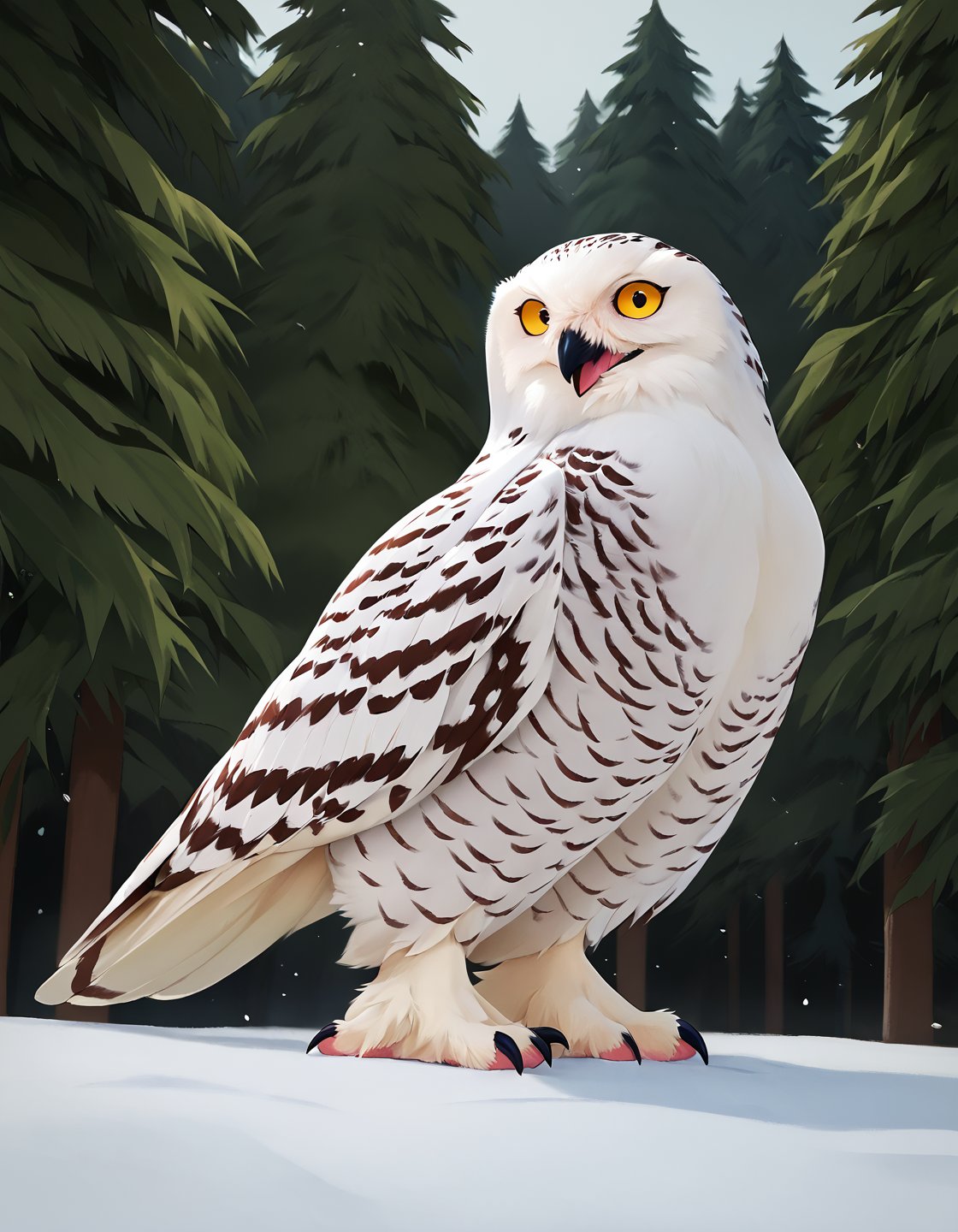 solo, (zPDXL3), source_cartoon, BREAK snow, trees, pose, dutch angle, BREAK <lora:Snowy_Owls:0.85>, sn0wy 0wl, anthro snowy owl, white feathers, big yellow eyes, BREAK huge round pupils, white body,, realistic, subsurface scattering, cast shadow, score_9, score_8_up, score_7_up, score_6_up, score_5_up, score_4_up, <lora:PDXL_artist_tags_v2_big:0.7>, by feliscede, <lora:StS_detail_slider_v1:1.3>