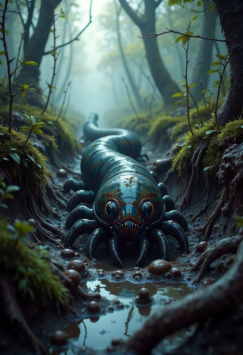 In the heart of the swamp, a yfg-bgy worm-like creature burrows through the muck, its chitinous exoskeleton reflecting the dim light filtering down from above.