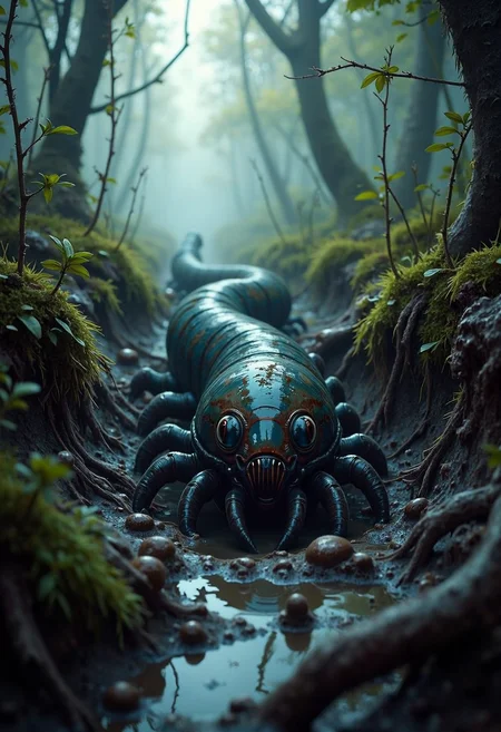 In the heart of the swamp, a yfg-bgy worm-like creature burrows through the muck, its chitinous exoskeleton reflecting the dim light filtering down from above.