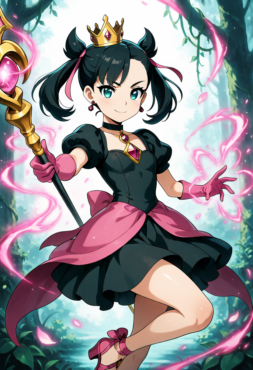 masterpiece, best quality, 1girl, solo, eyelashes, (beautiful eyes), shiny skin, looking at viewer, smile, zzShadowMarnieCitron, aqua eyes, black hair, hair ribbon, medium hair, asymmetrical bangs, twintails, mini crown,   black dress, puffy short sleeves, black choker, gem, pink ribbon, pink gloves, bow, chiaroscuro, magic, incoming attack,  ,<lora:ShadowHimeMarnieCitronOCIXL_v3:0.8>,  [Floral Enchantress of Bloomcraft], petal-layered dress in soft pink and green, vine-laced sandals, flower crown that changes with mood, pollen-sprinkled gloves, hummingbird brooch, staff topped with blooming bud, overgrown ruin garden bathed in springlight, floating seeds, kind smile,