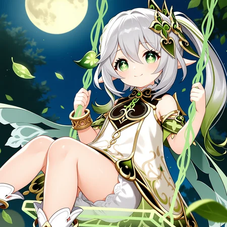 <lora:Nahida_1_nai-000008:1>,Nahida,side ponytail,leaf hair ornament,
official outfit,white bloomers,
1girl,solo,smile,swing,flower,leaf,falling petals,falling leaves,looking at viewer,depth of field,night,full moon,
