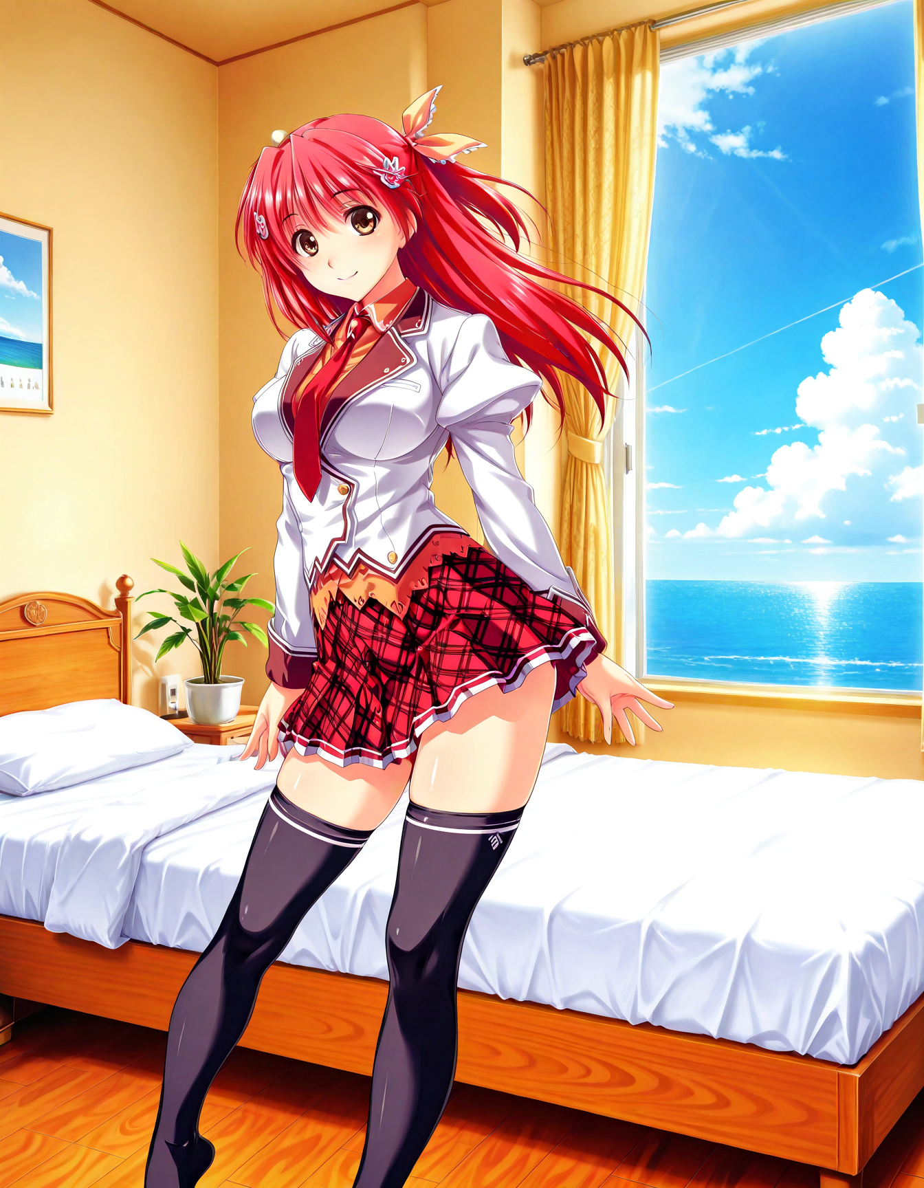 (1girl, solo:1.3), (2girls, 3girls, 4girls, multiple girls, 2boys, 3boys, 4boys, multiple boys:-1.5) <lora:Kohinata_Yuuka_Koi_Mekuri_Clover_Illustrious:0.9>, kohinata_yuuka, large breasts, brown eyes, red hair, long hair, bangs, hair between eyes, hair ribbon, hair ornament, school uniform, red necktie, necktie, plaid skirt, thighhighs, light smile, open eyes, general, contrapposto, dynamic pose, outstretched arms, upper body, from side, from below, , indoors, hotel room, double bed, on bed, lying, (white theme:1.3), window, tall window, ocean view, curtains, plant, potted plant, flower, (perspective:0.7), barefoot, <lora:NOOB_EPSv1_1_detailer_by_vlnvk_v1_0:1.5>, (photo background:0.7), day, (tachibana yuu:0.6), inue shinsuke, (kazuma muramasa:0.0), saikawa yusa, (aoi manabu:0.6), abarerumidori, (suzui narumi:0.6), masterpiece, newest, absurdres, 8K, anime screenshot, anime coloring, flat color, official art, film grain, <lora:illustriousXLv01_stabilizer_v1.185c:0.7>, <lora:LECO_Solo:-4.0>,