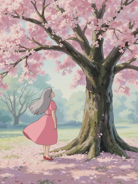 A graceful woman with long, flowing silver hair and a pink dress is standing under a large tree, watching as a gentle breeze makes the leaves sway. The tree is full of soft pink blossoms, and the ground is covered with petals. The light is soft and diffused, indicating late morning. The scene is set in a serene forest clearing.