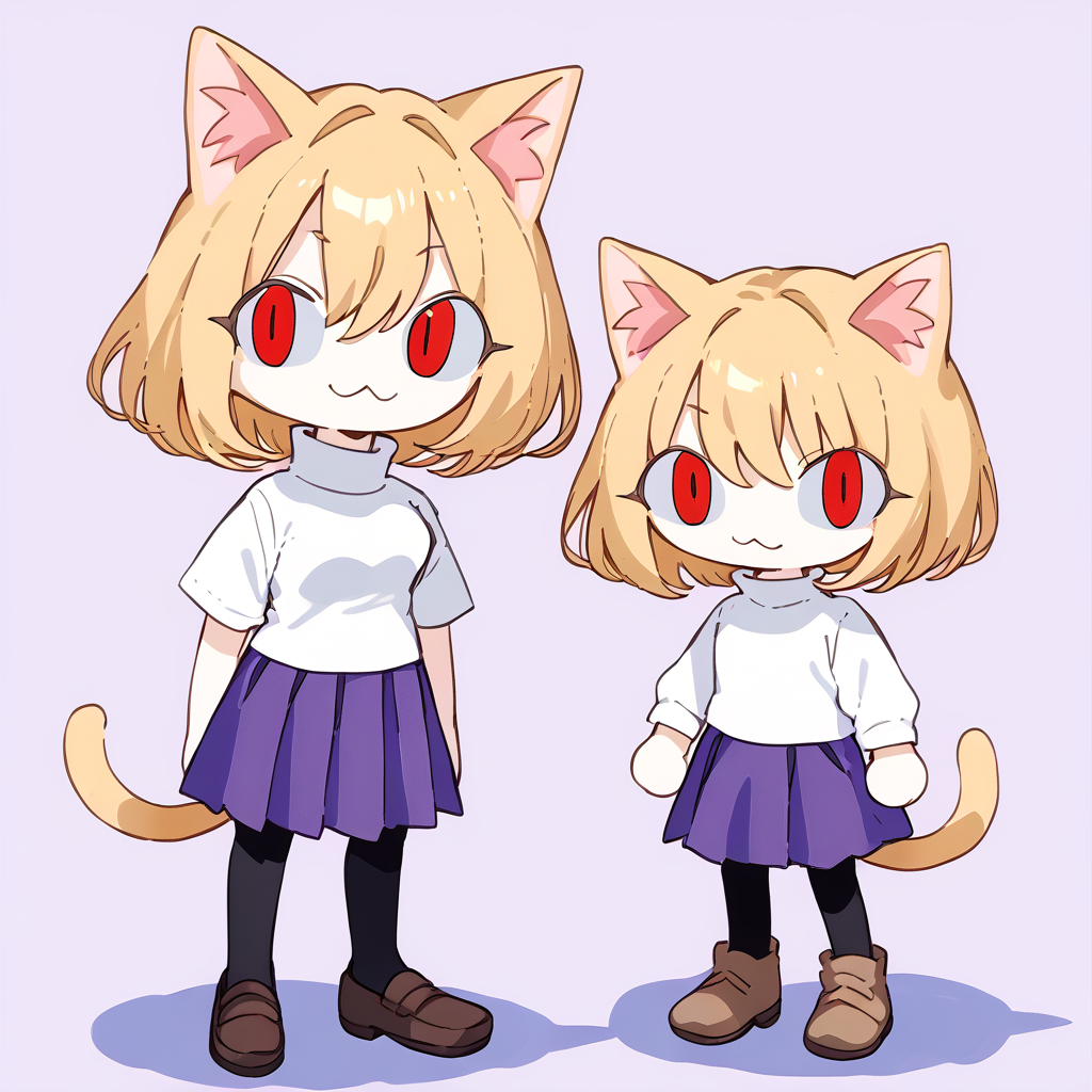 <lora:87sukiyaki:1.29>
 <lora:necoarc-guy-PONYv1_1:0.8> necoarc, blonde hair, red eyes, slit pupils, cat ears, :3, chibi, turtleneck, white shirt, blue skirt, pleated skirt, pantyhose, brown footwear, turtleneck, white shirt, purple skirt, pantyhose