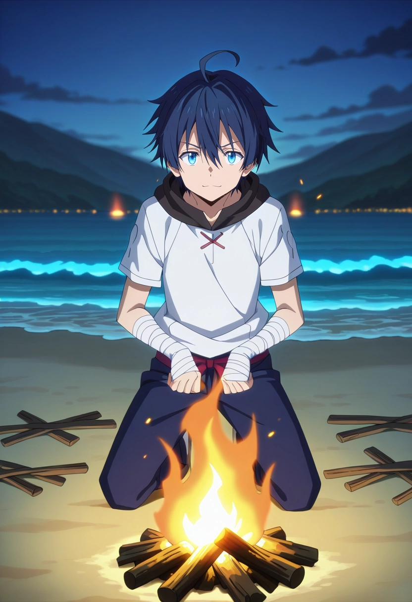 masterpiece, best quality, anime screencap, anime coloring, official style, , looking at viewer, 1boy, male focus, 1boy, yuuta togashi, dark blue hair, ahoge, bandaged arm, solo, beach bonfire, glowing embers, scattered driftwood, distant waves, gathering pose, cheerful expression, warm glow, <lora:tensura_style_ilxl:1>, tensura_style,