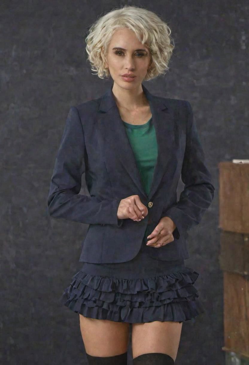 1girl, solo, (Masterpiece, hyperrealism) teacher, realistic skin, (looking at camera, classroom, formal attire, standing pose, wearing buttoned blouse:1.2, wearing dark blue blazer:1.2, wearing frilly skirt above the knee, wearing black stockings, young figure), fit body, ((curled hair, short hair, green hair)), highly detailed background, ultra high resolution, 4k uhd