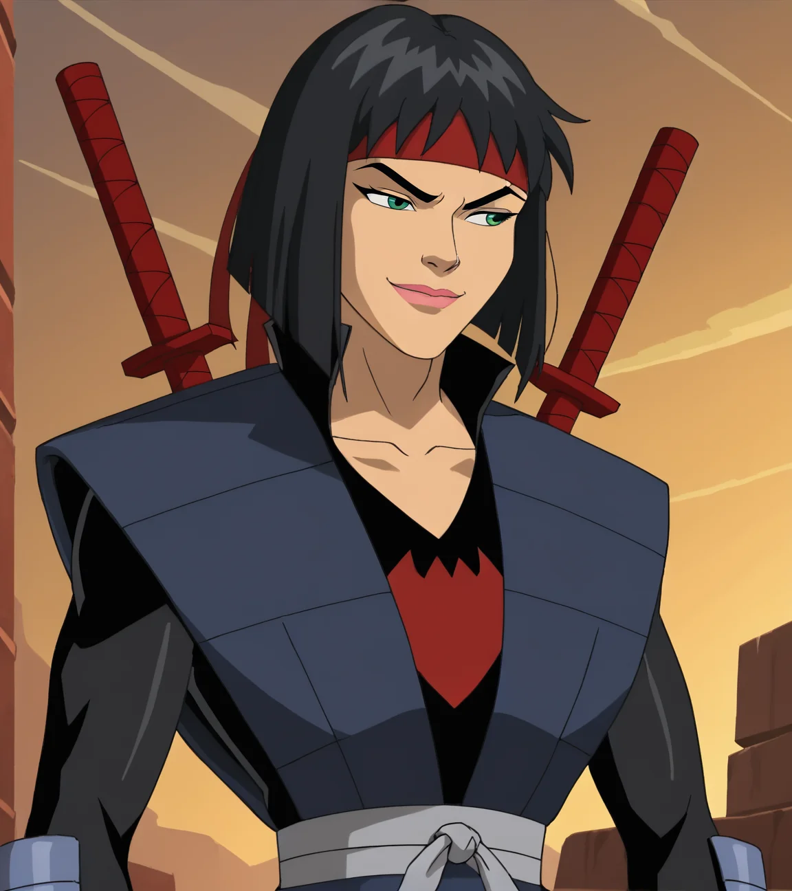 score_9, score_8_up, score_7_up, score_6_up, karai, 1girl, solo, red headband, ninja outfit, sheathed swords on back, close up, source_cartoon, screencap, looking to side, smirk, <lora:Karai_Pony:1>
