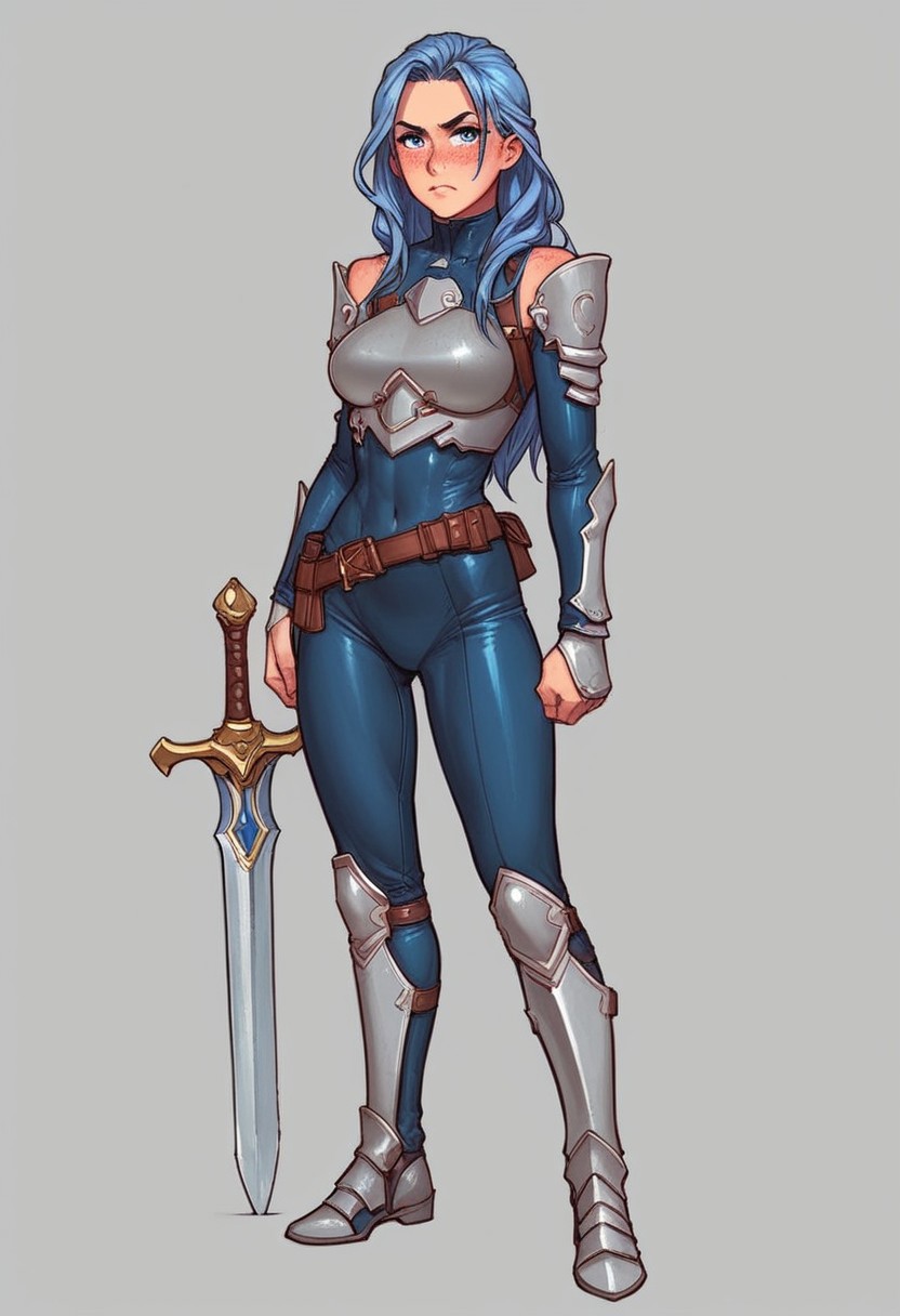 beauty female, mesmerizing, cute-faced, Dimpled, light blue Almond-shaped eyes , Gray/Silver plate armor, blue Long Hair Styles Layers, Fair, Sloppy, Disheveled, Pout, Blush, Determined, Fidgeting, Freckles, futuristic skin tight leather armor,
((full-clothed)), ((long big sword in hands, sword in hands))
BREAK 
jungle background score_9, score_8_up, score_7_up, score_6_up, source_cartoon, rating_explicit, Expressiveh, (((((full body))))), dynamic pose