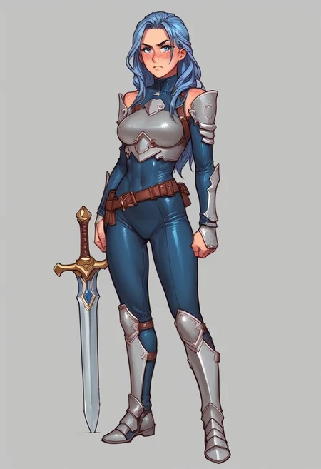 beauty female, mesmerizing, cute-faced, Dimpled, light blue Almond-shaped eyes , Gray/Silver plate armor, blue Long Hair Styles Layers, Fair, Sloppy, Disheveled, Pout, Blush, Determined, Fidgeting, Freckles, futuristic skin tight leather armor,
((full-clothed)), ((long big sword in hands, sword in hands))
BREAK
jungle background score_9, score_8_up, score_7_up, score_6_up, source_cartoon, rating_explicit, Expressiveh, (((((full body))))), dynamic pose