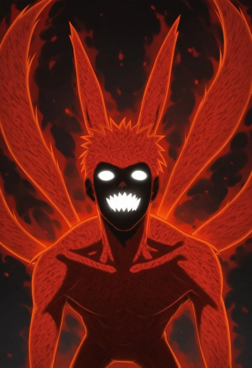score_9, score_8_up, score_7_up, 1boy, solo, Expressiveh, (4TailedBeastN, black face, humanoid, fox ears, red body, white eyes, no pupils, 4 tails, claws), close-up, ((standing)), red aura, looking at viewer, black background, simple background, 4k, masterpiece, best quality, highly detailed, realistic