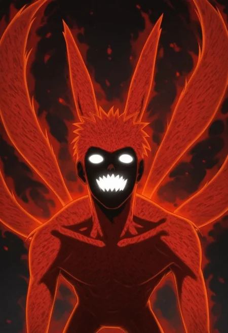 score_9, score_8_up, score_7_up, 1boy, solo, Expressiveh, (4TailedBeastN, black face, humanoid, fox ears, red body, white eyes, no pupils, 4 tails, claws), close-up, ((standing)), red aura, looking at viewer, black background, simple background, 4k, masterpiece, best quality, highly detailed, realistic