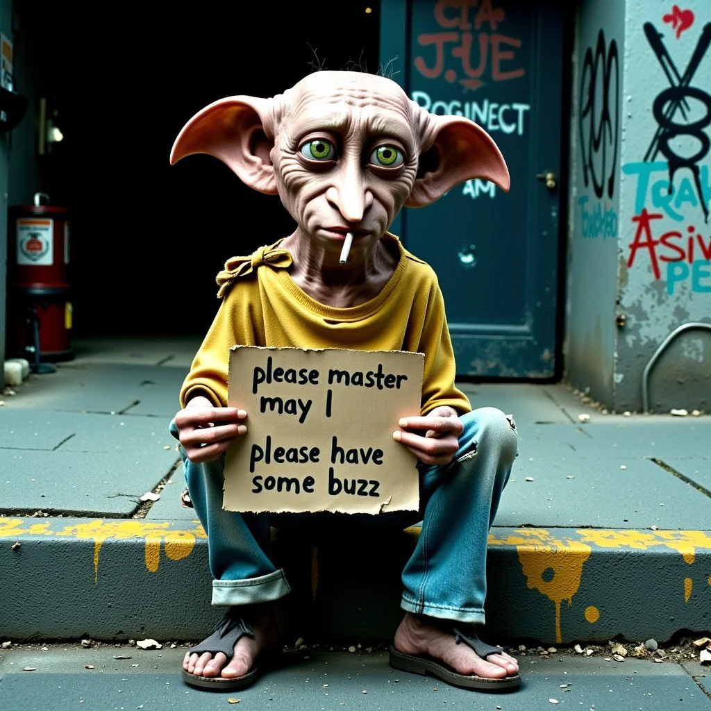 Dobby from Harry Potter, reimagined with a grungy, street-smart look. He sits on a weathered street curb, wearing a slightly oversized yellow shirt and faded blue jeans, with a cigarette loosely hanging from his mouth. In his hands, a handmade cardboard sign reads "please master, may I please have some buzz" in bold, uneven letters. The urban background is gritty, featuring graffiti-covered walls, dim lighting, and scattered debris, giving a raw, realistic edge. Inspired by the style of Ralph Steadman's chaotic and expressive illustrations.
Aidmatextimprover