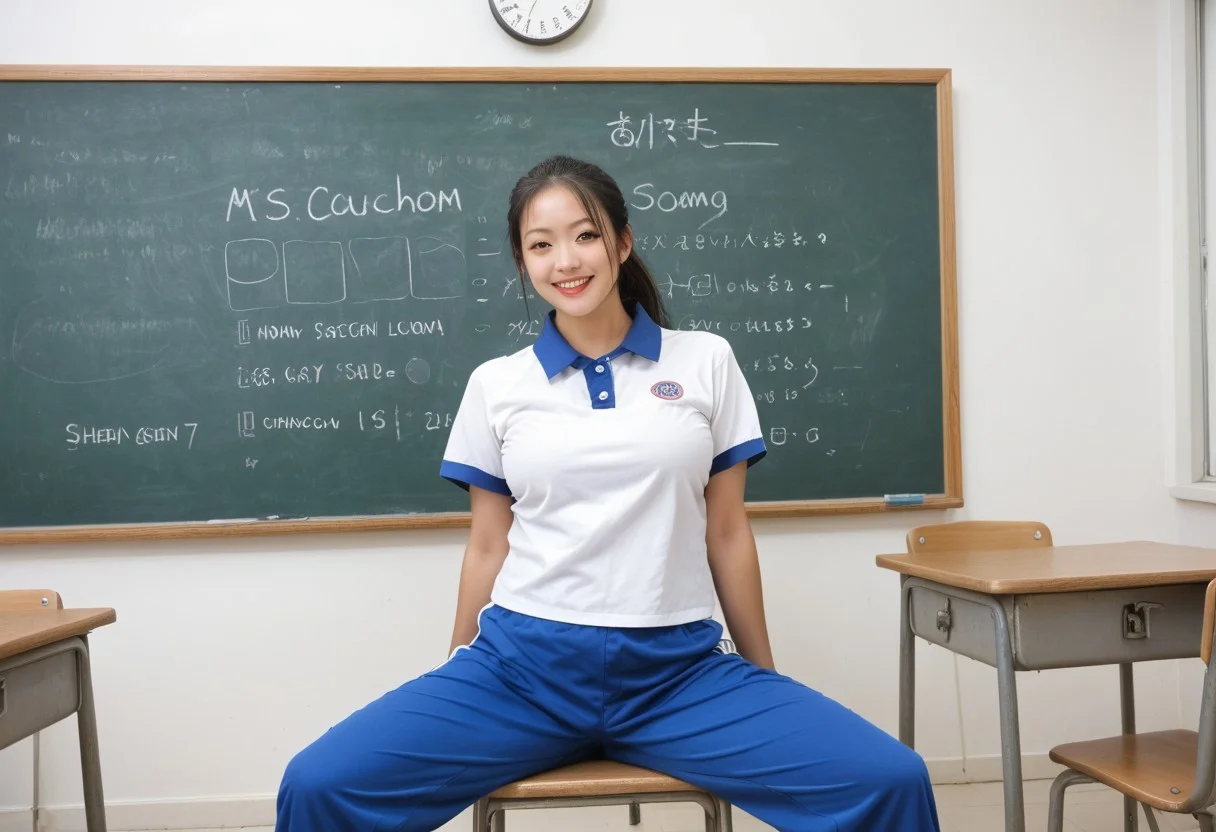 score_9, score_8_up, score_7_up,, high res ima , source_photo, source_real, (realistic:1.4),
,,ruanyi0533,blue pants,short sleeves,striped,1girl,solo,classroom,chalkboard,high ponytail,huge breasts,<lora:0533 Shen Jiayi_v1_pony:1>, low angle, hud_str4ddle_spl1t, split, wide spread legs, <lora:split:0.8>