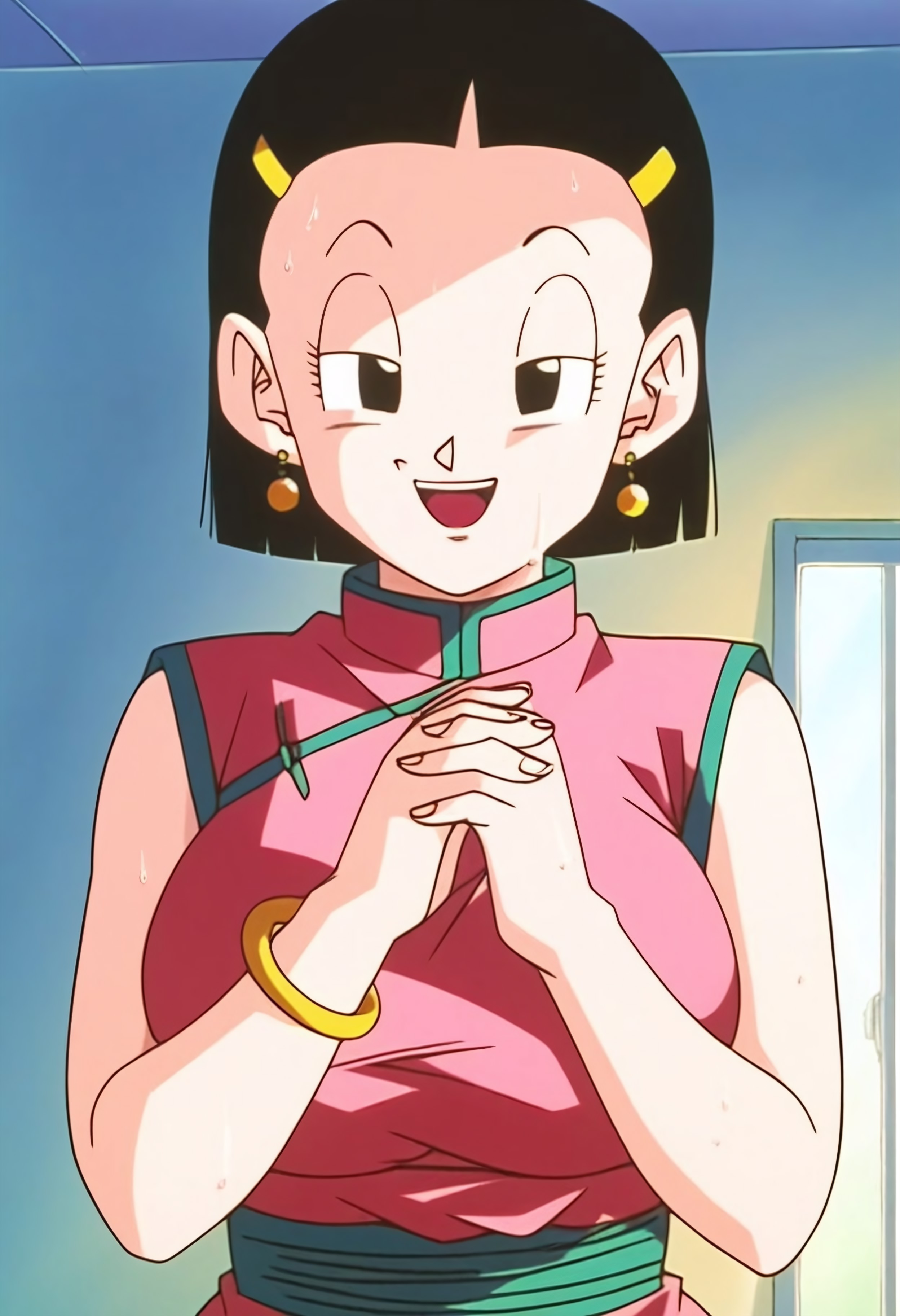 score_9, score_8_up, score_7_up, realistic, realism, HD, perfect quality, 16k, very detailed, realistic lighting, detailed face, BREAK, (((good_hands))), (((perfect eyes, bedroom eyes, (light smile:0.5)))), Dragon Ball GT, BREAK, solo, 1girl, (((Chi-ChiGT, black hair, black eyes, short hair, bracelet, hairclip, hair ornament, earrings))), eye_focus, ((large breasts, big ass)), (bedroom eyes), (sweaty skin:1.2), looking at viewer, nervous, seductive, sensual, medium body size, slightly small neck, plumb body, voluptuous hips and thighs, curvy body size, microwaist, (obese female:-1.9), (plump saggy breasts:1.0), (feminine body, soft body:1.5), BREAK, own hands together, hair ornament, earrings, hairclip, black eyes, open mouth, smile, own hands clasped, retro artstyle, chinese clothes