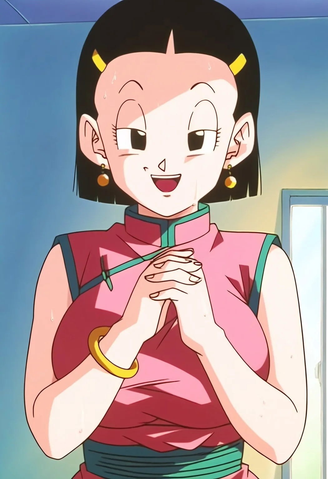 score_9, score_8_up, score_7_up, realistic, realism, HD, perfect quality, 16k, very detailed, realistic lighting, detailed face, BREAK, (((good_hands))), (((perfect eyes, bedroom eyes, (light smile:0.5)))), Dragon Ball GT, BREAK, solo, 1girl, (((Chi-ChiGT, black hair, black eyes, short hair, bracelet, hairclip, hair ornament, earrings))), eye_focus, ((large breasts, big ass)), (bedroom eyes), (sweaty skin:1.2), looking at viewer, nervous, seductive, sensual, medium body size, slightly small neck, plumb body, voluptuous hips and thighs, curvy body size, microwaist, (obese female:-1.9), (plump saggy breasts:1.0), (feminine body, soft body:1.5), BREAK, own hands together, hair ornament, earrings, hairclip, black eyes, open mouth, smile, own hands clasped, retro artstyle, chinese clothes