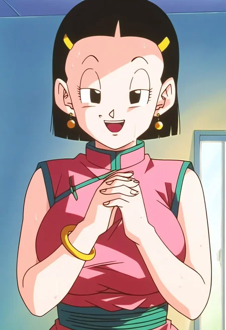 score_9, score_8_up, score_7_up, realistic, realism, HD, perfect quality, 16k, very detailed, realistic lighting, detailed face, BREAK, (((good_hands))), (((perfect eyes, bedroom eyes, (light smile:0.5)))), Dragon Ball GT, BREAK, solo, 1girl, (((Chi-ChiGT, black hair, black eyes, short hair, bracelet, hairclip, hair ornament, earrings))), eye_focus, ((large breasts, big ass)), (bedroom eyes), (sweaty skin:1.2), looking at viewer, nervous, seductive, sensual, medium body size, slightly small neck, plumb body, voluptuous hips and thighs, curvy body size, microwaist, (obese female:-1.9), (plump saggy breasts:1.0), (feminine body, soft body:1.5), BREAK, own hands together, hair ornament, earrings, hairclip, black eyes, open mouth, smile, own hands clasped, retro artstyle, chinese clothes