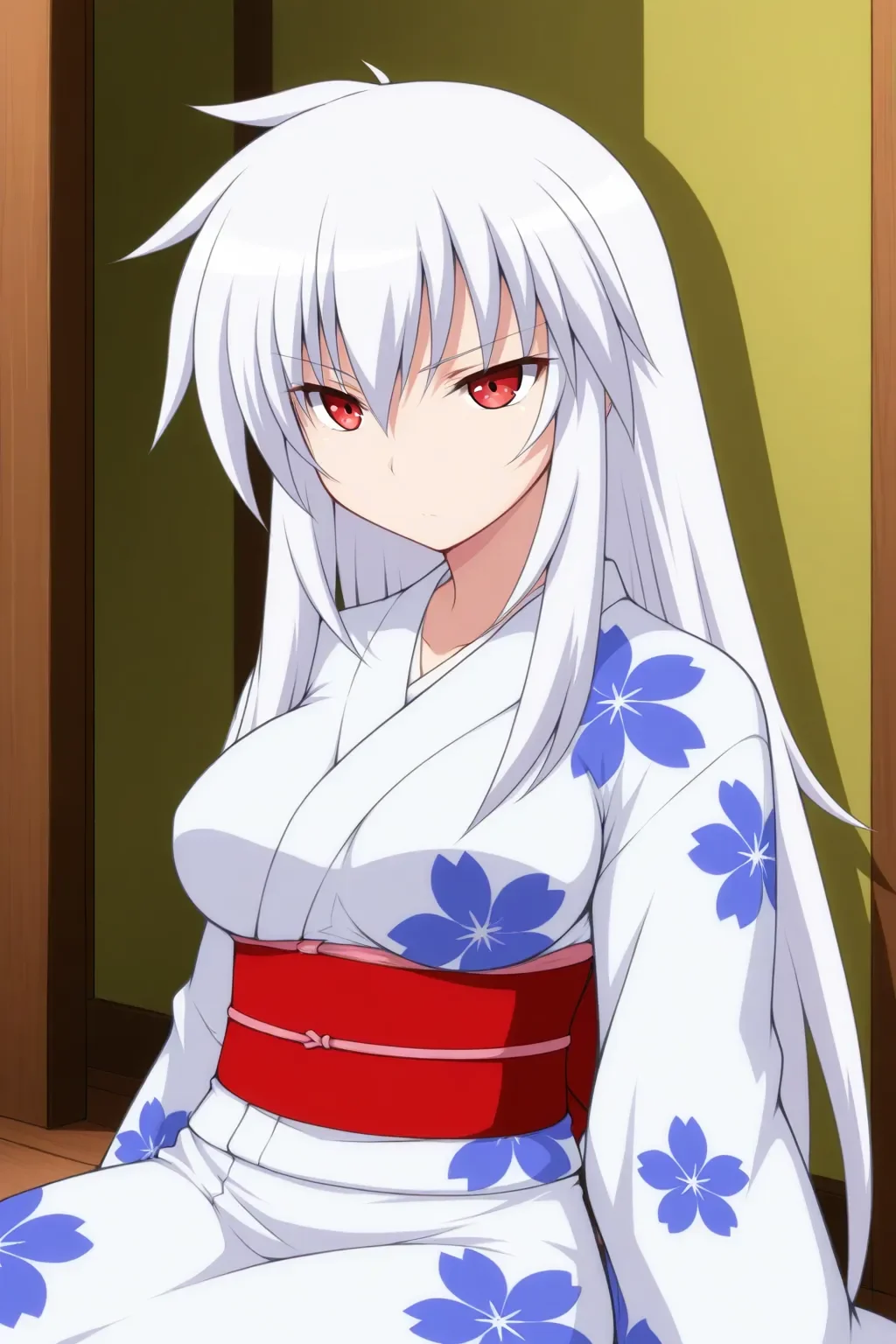 <lora:pugyuru_kanatomom_ilxl:1>masterpiece, best quality, pugyuru_kanatomom_ilxl, 1girl, solo, white hair, red eyes, Flower pattern kimono, obi, sitting