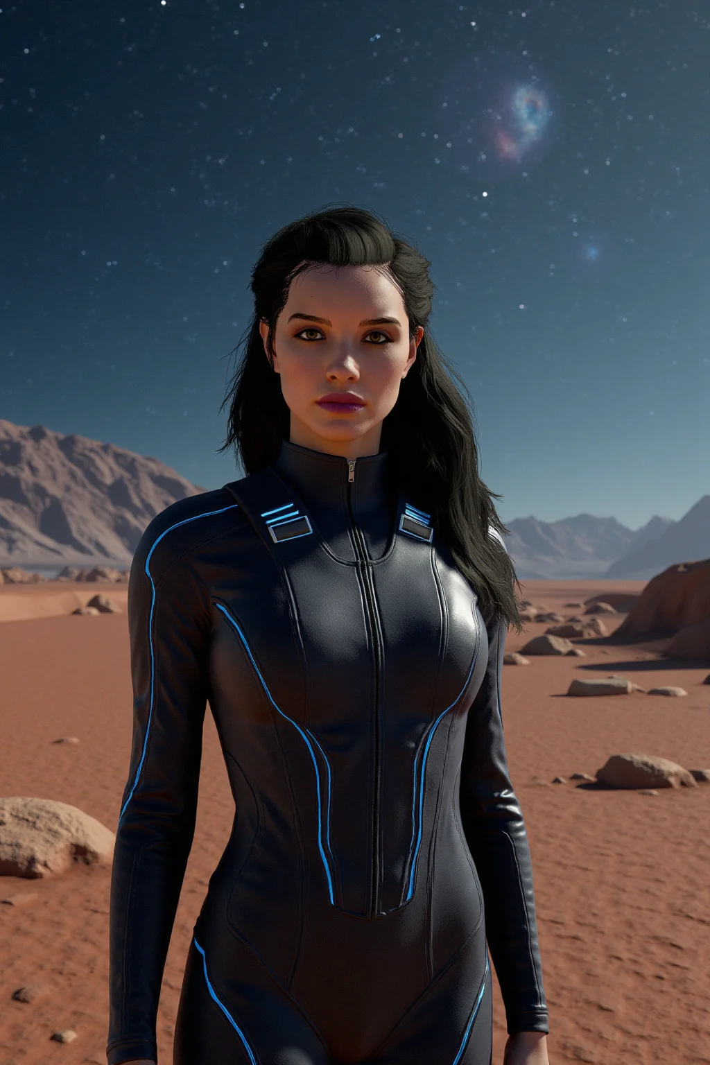 Andreja, a strikingly beautiful woman in her early 20s, stands confidently on the surface of a barren, alien planet, her presence illuminated by the faint glow of distant stars. She wears a sleek, futuristic spacesuit, its form-fitting design in dark metallic tones accented by glowing silver and blue seams that highlight its advanced construction. Her medium black hair cascades freely down her back in soft, flowing waves, the strands catching the subtle starlight and swaying gently in the planetâs faint breeze.
Her expression is one of calm determination, her piercing eyes reflecting the light of the cosmos. Her flawless porcelain complexion is accentuated by the soft glow from the faint luminescence of her spacesuit, lending her a radiant, otherworldly presence.
The barren planet stretches around her, its surface a mix of reddish-brown soil and rugged, craggy rocks. Distant mountain ranges rise against the horizon, their jagged peaks silhouetted by the faint glow of a star cluster in the sky. Above, the vast expanse of space unfolds, glittering with countless stars and the faint, wispy outlines of nebulae.
Photographed on Fujicolor Superia X-TRA 400 film with a 50mm lens, the image captures every detail with warm richness and depth. The filmâs natural tones enhance the contrast between the dark spacesuit, her illuminated face, and the vivid cosmic backdrop, creating a mesmerizing balance between the human element and the infinite, mysterious universe. The soft lighting accentuates the contours of her face and the smooth texture of her suit, adding a cinematic quality to this captivating portrait. <lora:Andreja-000039:1.0>