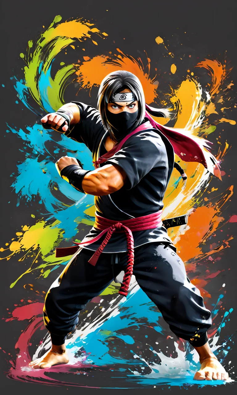a ninja in a fighting stance, paintsplashsdxl, <lora:paintsplashsdxl:1>, vibrant color, best quality, masterpiece, action pose, tabi