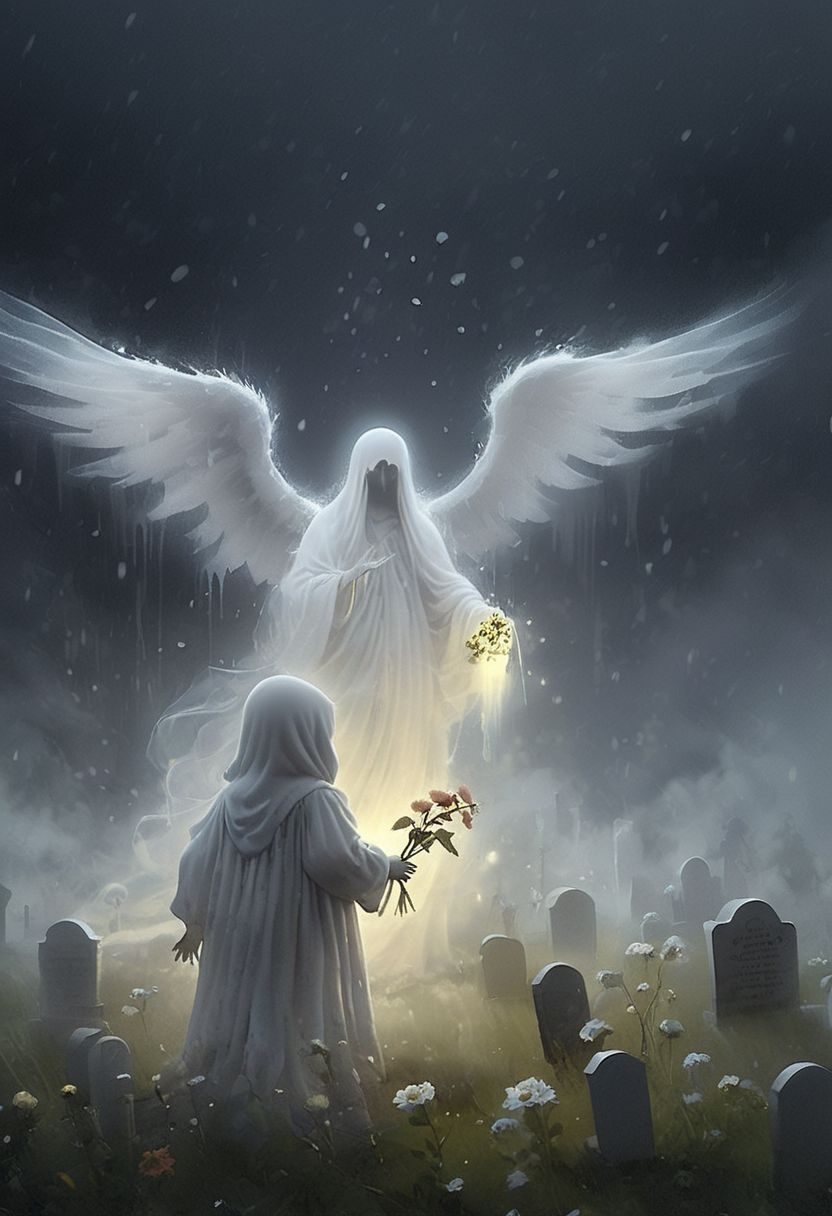 On a cloudy and rainy day in a graveyard there is a small child offering flowers to a translucent ghost with wings