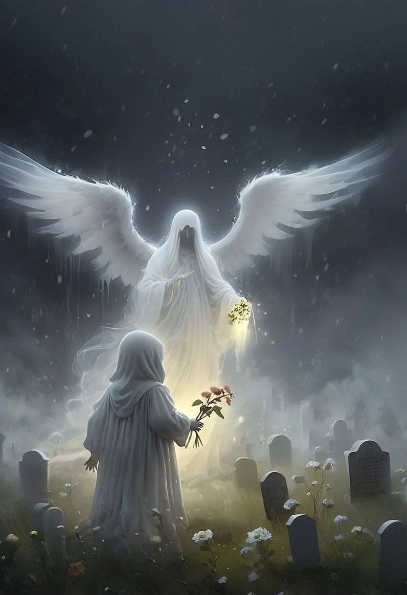 On a cloudy and rainy day in a graveyard there is a small child offering flowers to a translucent ghost with wings