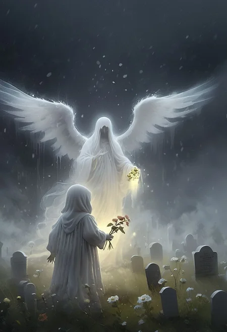 On a cloudy and rainy day in a graveyard there is a small child offering flowers to a translucent ghost with wings