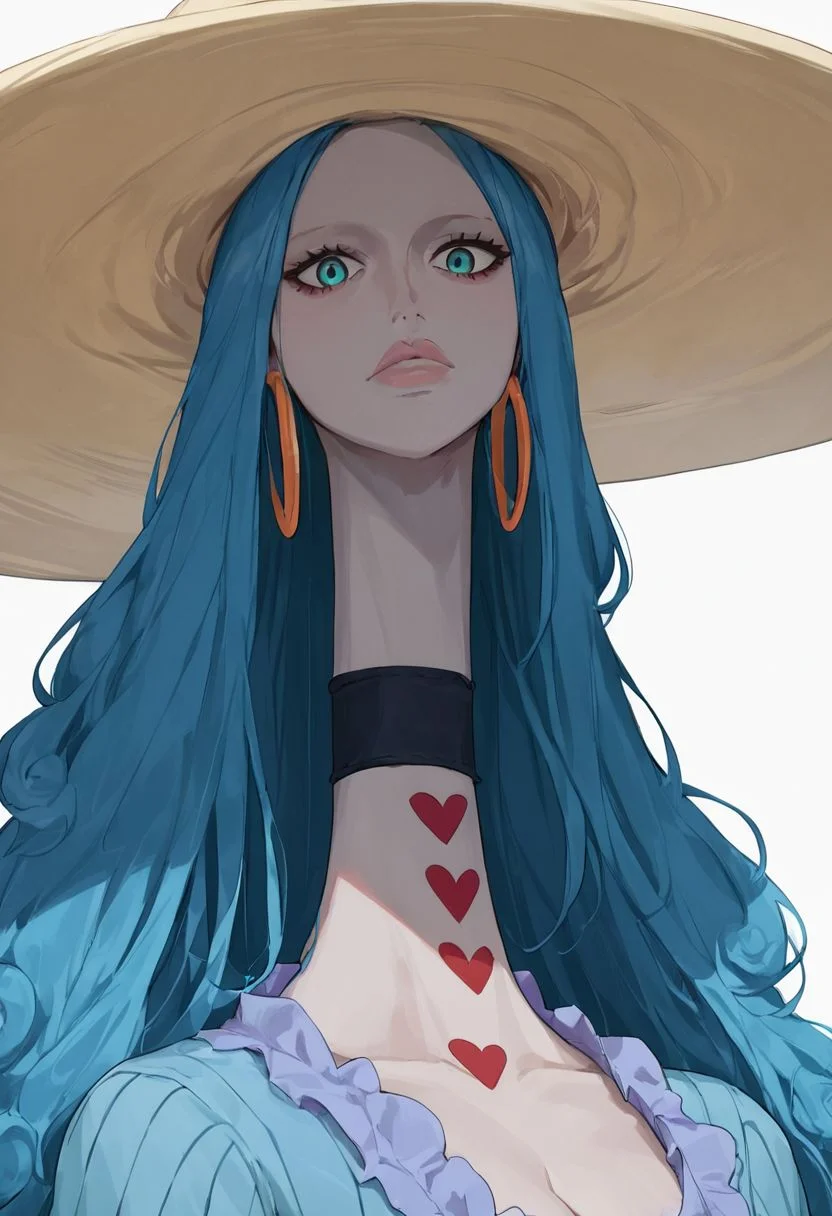 score_9, score_8_up, score_7_up, source_anime, solo, 1girl, Charlotte Amande, blue hair, blue eyes, gray skin, long neck, lips, hoop earrings, huge hat, choker, blue dress, cleavage, emotionless, portrait, close up, halfbody, looking at viewer, standing, white background