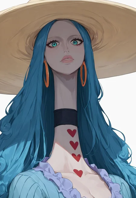 score_9, score_8_up, score_7_up, source_anime, solo, 1girl, Charlotte Amande, blue hair, blue eyes, gray skin, long neck, lips, hoop earrings, huge hat, choker, blue dress, cleavage, emotionless, portrait, close up, halfbody, looking at viewer, standing, white background
