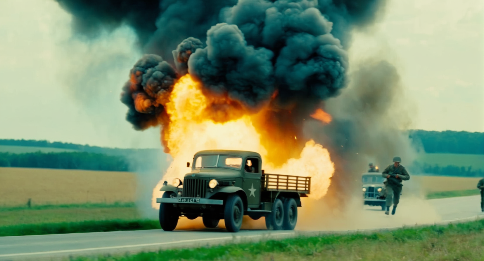 cinematic film still of (Cinematic Film stock footage style) in (Arri Alexa style) (Kodak film print style), Polarizing Filters, low contrast color, sharp image high quality
 <lora:cinematic ww2 style:1.5>
a group of ww2 soldiers are running around a truck with an epic bloody explosion and smoke cinematic ww2 style, shallow depth of field, vignette, highly detailed, high budget, bokeh, cinemascope, moody, epic, gorgeous, film grain, grainy