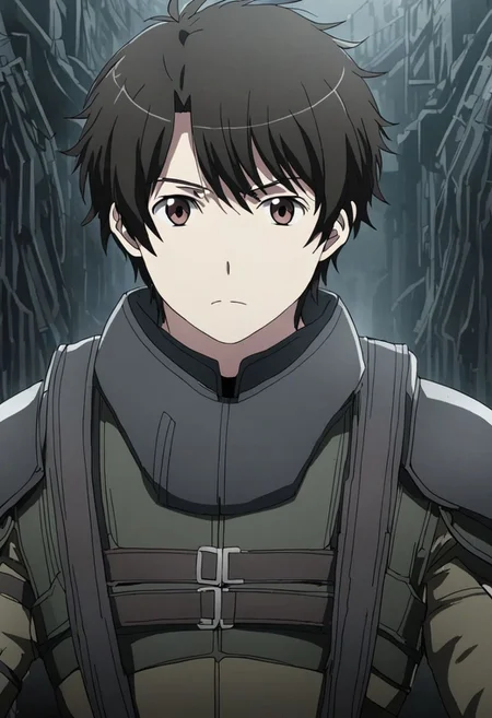 high resolution, solo, best quality, 1Boy, Inaho Kaizuka, Black Hair, Brown Eyes, dystopia, serious looking, armor, fantasy, OverallDetail