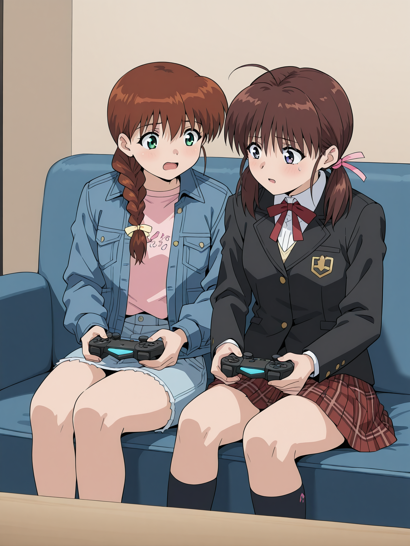 <lora:yakin-kaidan-illustrious-000004:0.9> 2girls, playing games, excited, playstation controller, couch, living room, masterpiece, best quality
2girls, miyanoshita, braided ponytail, denim jacket, pink shirt, plaid skirt
2girls, kod4ma, short twintails, school uniform, black jacket, long sleeves, plaid skirt