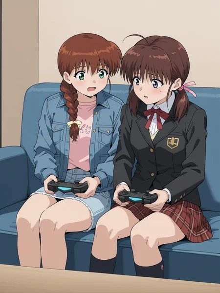<lora:yakin-kaidan-illustrious-000004:0.9> 2girls, playing games, excited, playstation controller, couch, living room, masterpiece, best quality
2girls, miyanoshita, braided ponytail, denim jacket, pink shirt, plaid skirt
2girls, kod4ma, short twintails, school uniform, black jacket, long sleeves, plaid skirt