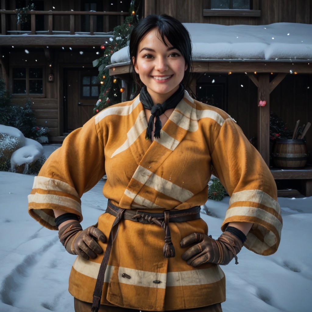 realistic, best quality, score 9, matsu_got, 1girl, black hair, winter robe, belt, gloves, pants, hands on hips, smile, looking at viewer