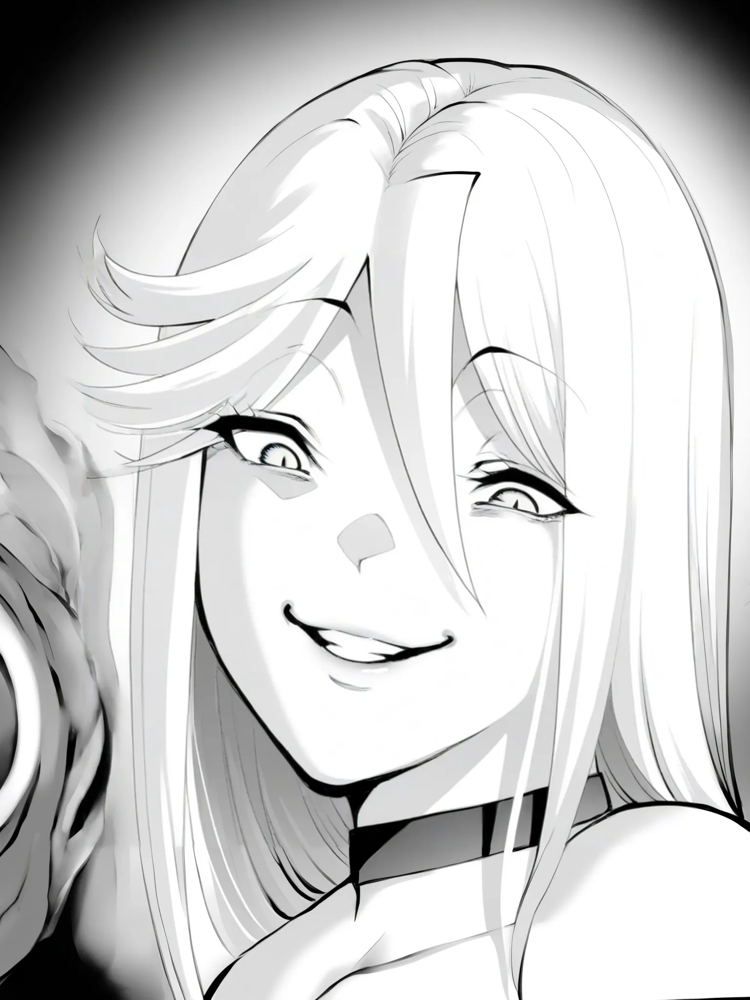 masterpiece, best quality,amazing quality, solo female, solo focus,
 <lora:パラダイスヘル_Manga_Character_Illustrious:1>,mangafemale1, monochrome, greyscale, hair between eyes, long hair, choker, swept bangs, evil smile, 1girl, standing, looking at viewer,