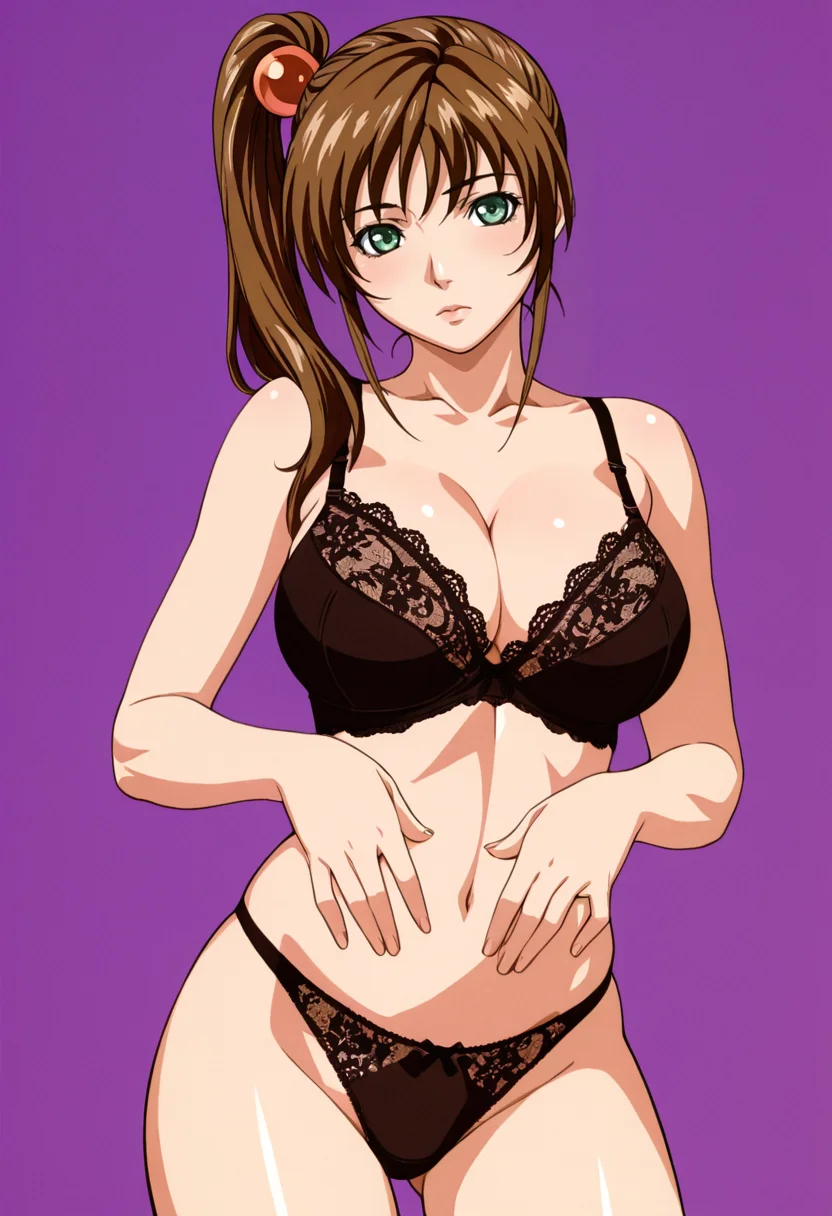 masterpiece, best quality,
1girl, solo,
standing, cowboy shot,
looking at viewer,
<lora:Kurumi_Imari:1> K0r0m11Im4r1, side ponytail, long hair, brown hair, hair bobbles, hair ornament, green eyes, large breasts, 
underwear, bra, panties, lace trim,
simple background, violet background,