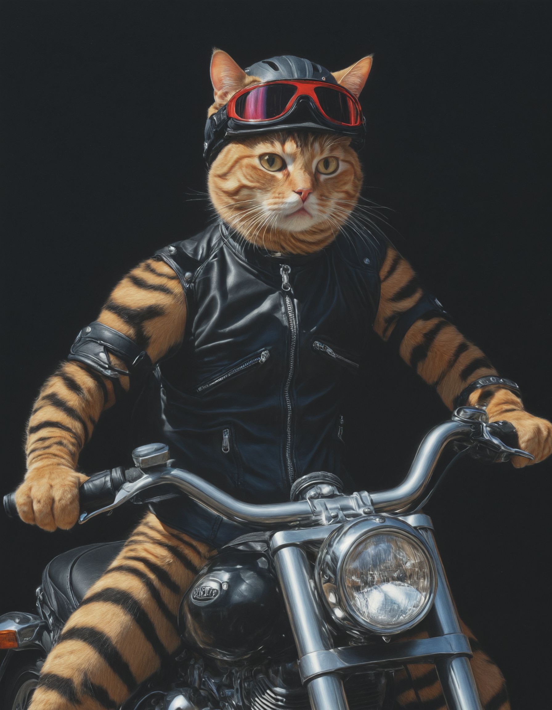 score_9_up, score_9, score_8_up, score_8, score_7_up,ArsMJStyle, Colored pencil hyper detailed realism, tabby cat, wearing bike leathers, riding a sporty motorbike, helmet with visor up, biker gang, tough, angry, strong arms, <lora:add-detail-xl:1.25> , realistic shadows , dark atmosphere, eerie,   <lora:HyperdetailedRealismMJ7:1>