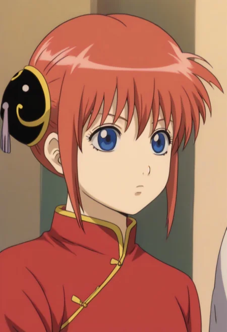 <lora:Kagura:0.8>blue eyes, red hair, Kagura red cheongsam with yellow piping outfit, Chinese clothes, double bun, bun cover, China dress,
