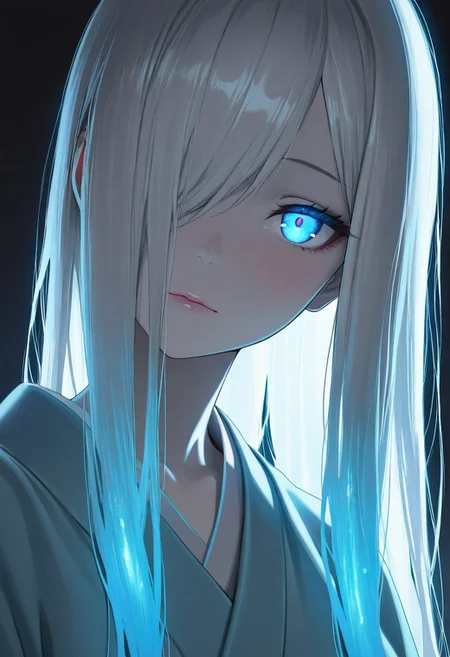 masterpiece,best quality,amazing quality, anime,
1girl, solo, A close-up of a serene anime girl with pale skin, colored skin, (white skin:1.3, long glossy white hair with bangs, long white hair, hair combed over one eye, glowing blue eyes with a hypnotic effect, soft warm lighting, wearing a light blue kimono, mysterious and cozy atmosphere, detailed hair texture, cinematic lighting, dark background, ultra-detailed, 8k resolution