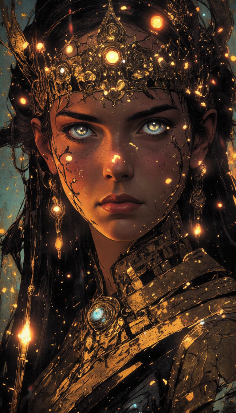 crayon,glow,  A  portrait of a maiden adorned with ornate,  Byzantine-inspired jewelry. Capture her in a moment of quiet contemplation, her cerulean eyes reflecting the ambient luminescence of an imagined dusk setting. Render her with hyperrealistic detail,  emphasize the interplay of light and shadow on her visage, and the intricate craftsmanship of her golden ornaments. Utilize a shallow depth of field to blur the background, suggesting an ethereal dreamscape reminiscent of pre-Raphaelite aesthetics.