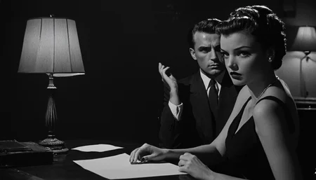 <lora:50s_Noir_Movie-000005:1> ArsMovieStill, 50s Noir Movie Still, The image is a black and white photograph of a man and a woman sitting at a desk in a formal setting. The man is on the left side of the image facing the woman who is sitting in front of him. The woman is sitting at the desk with her hand on her lap and appears to be deep in thought. She is wearing a suit and tie and has her hair styled in an updo. The desk is covered with a piece of paper and there is a lamp on the right side. The background is dark and the lighting is dim creating a moody atmosphere. The image appears to have been taken in a dimly lit room.