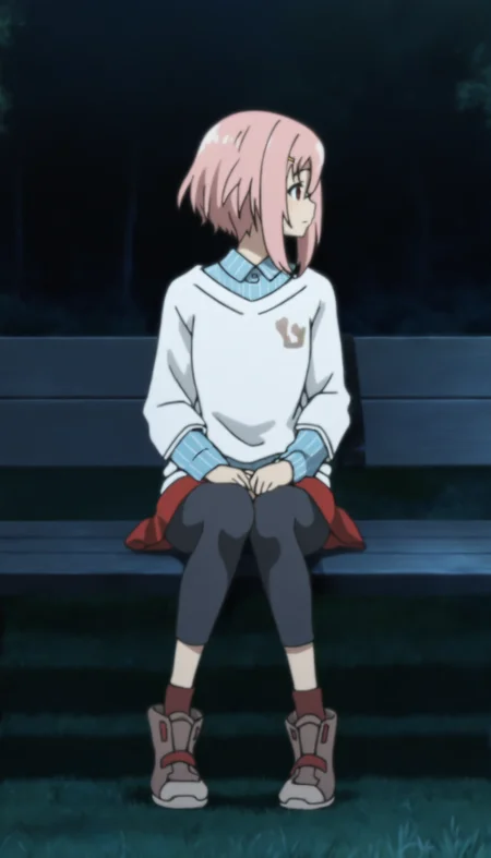 masterpiece,best quality,amazing quality,
<lora:yoshinokoharuNAI:1>,yoshinokoharu,
1girl,solo,pink hair,short hair,yellow hairpin,bangs,red eyes,white pullover,blue shirt,red skirt,black legwear,brown sneakers,full body,looking to the side,sitting,on bench,hands on legs,outdoors,nights,grass,