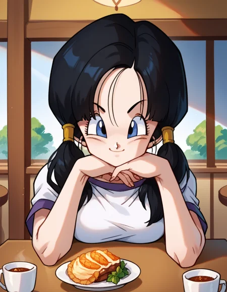 score_9, score_8_up, score_7_up, source_anime, <lora:dbz-videl-anime-ponyxl-lora-nochekaiser:1>, videl, black hair, blue eyes, eyelashes, parted bangs, twintails, medium breasts,, <lora:pov-across-table-ponyxl-lora-nochekaiser:1> pov across table, pov dating, restaurant, table, meal, care, cup, head rest, smile, elbow on table, food, elbow rest, ,