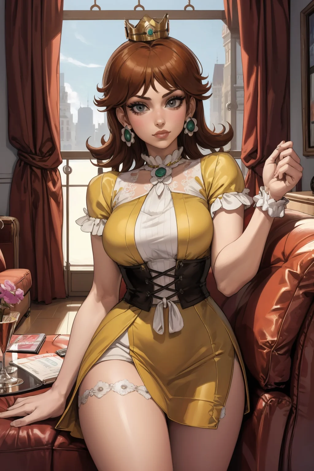 1girl, (solo:1.2), (talking:1.3), (looking at viewer:1.5), (cowboy shot:1.5), (masterpiece:1.3), (best quality:1.3), (perfect anatomy:1.4), highly detailed, <lora:Sciamano240 [MockAi - v1.0]:0.8> sciamano240, soft shading, detailed, semi-realistic, (short dress:1.3), bare thighs, skin-tight dress, cocktail dress, <lora:Mario - Daisy [Numeratic - v1.0]:1> princess daisy, brown hair, crown, medium hair, (living room scenery:1.4), inside, (comfy sofa:1.3)