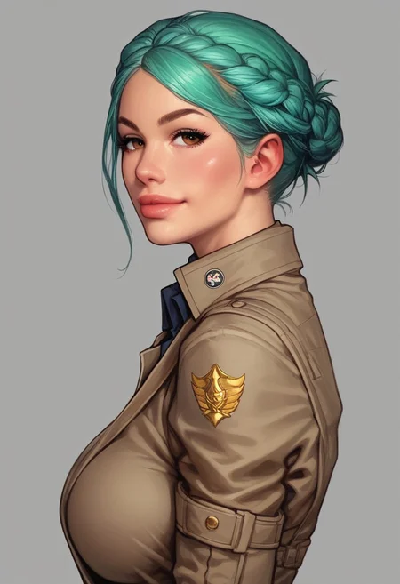 ((((side view))))
beautiful color, aesthetic, 2d,
(zeon pilot:1.3), ((khaki suit)),
solo, standing, (battleground, explosions:1.5)
1girl, cute face, modest smile
((turquoise hair, folded in french braid, long side bang hairstyles)),
big natural breasts,
focused, looking at viewer,
(((full-clothed))), dynamic pose
BREAK
score_9, score_8_up, score_7_up, score_6_up, source_cartoon, rating_explicit, Expressiveh, (((((upper body))))), dynamic pose