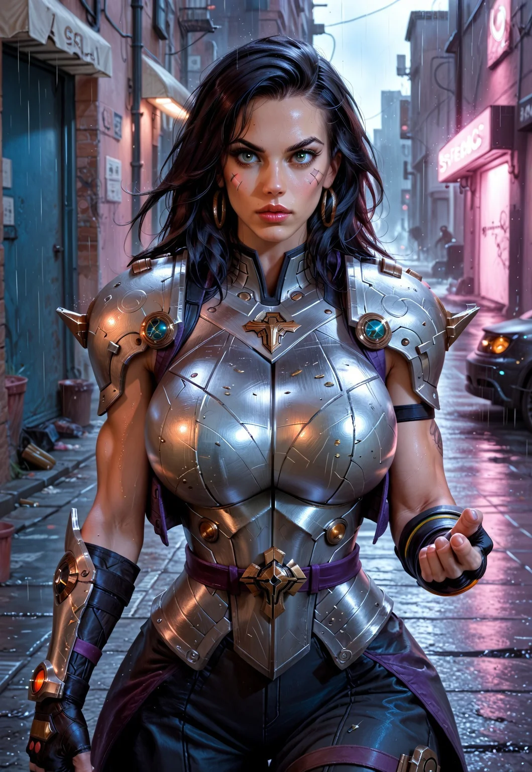 safe_pos, score_9, score_8_up, score_7_up, hyperrealistic art, extremely high-resolution details, photorealism, realism pushed to extreme, fine texture, incredibly lifelike, Action cinematic, 1woman, (full black riot armor:1.3), shoulder pads, bullet proof vest, fit, black (hair:1.2), (big breasts under vests:1.3), (detailed beautiful face:1.3), (defiance look), (dynamic pose), medium shot, cyberpunk background, dark night atmosphere, (alley streets), raining, dynamic, light neons on the background, highly detailed, vibrant, ultra high quality, action shot,