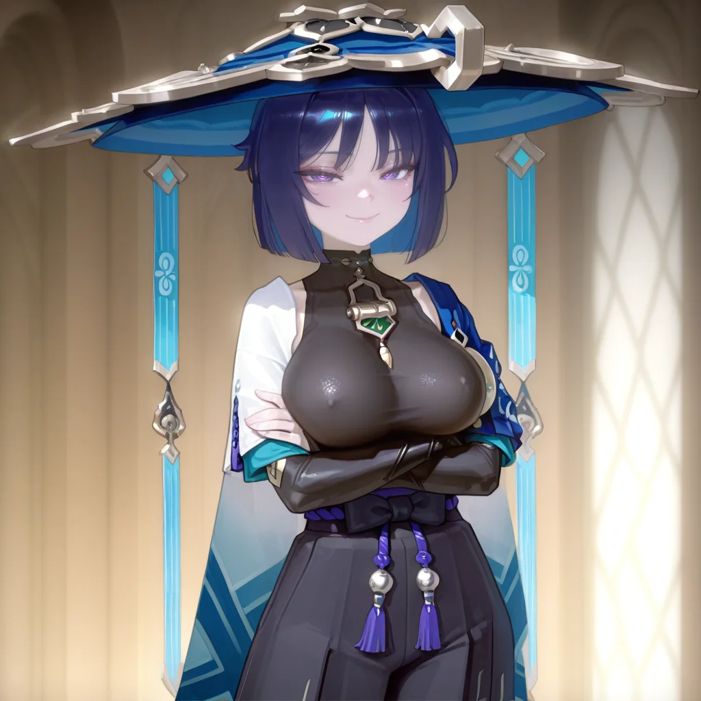 1girl, sexy, <lora:Female_Wanderer:0.7> fanderer, short hair, bangs, purple eyes, blue hair, large breasts, large hat
,
standing, looking at viewer, smile, crossed arms, seductive smile
,
masterpiece, best quality, very aesthetic, absurdres, Detailed face, detailed background, 1=2