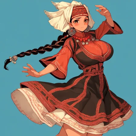 Source_anime, ((score_9)),score_8_up,score_7_up,score_6_up,score_5_up,score_4_up, solo, (4M1RH4LG4LV1:1.2), 4M1RH4LG4LV1, 1girl, black hair, braid, single braid, brown eyes, dress, bead necklace, beads, coin (ornament), headscarf, jewelry, traditional clothes, adult female, tan, huge breasts, big ass, curvy, skinny, thick thighs, tall, fit, blushing, blue background background, red theme